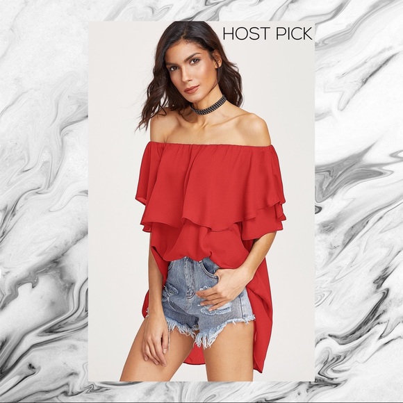 Tops - RED RUFFLED LAYERED NECKLINE HEM TOP SZ S